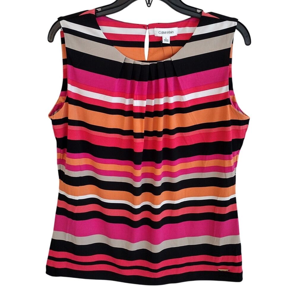 Calvin Klein | Striped Pleated-Neckline Stretchy Sleeveless Top Large